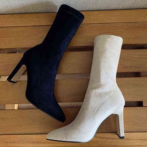 2021 Women's Boots Pointed Toe Yarn Elastic 9cm Thin High Heels Sock Boots Beige Black Female Faux Suede Ankle Boots Flock Shoe Y1209