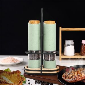 Wheat Straw Electric Salt Pepper Grinder Set LED Light Automatic Spice Herb Mill Adjustable Coarseness Ceramic Core Kitchen Tool 220311