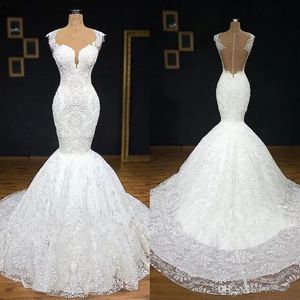 Custom Made Vintage Lace Mermaid Bröllopsklänningar Juvel Ärmlös Lace Appliques Bridal Gowns Vestidos de Novia