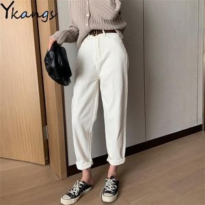 Mulheres vintage cintura alta branco calça jeans mãe plus size slim harem denim calças femininas casual mola tornozelo comprimento streetwear calças lj201029