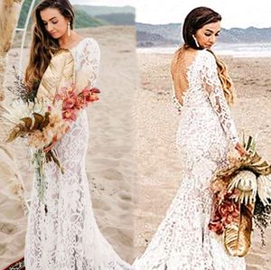 Rustic Full Lace Mermaid Wedding Dresses Illusion Long Sleeves Open Back Country Wedding Gowns Backless Boho Beach Bridal Dress Vestidos