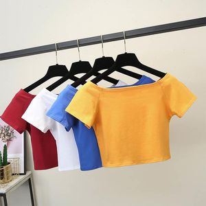 Summer Short-sleeved High-waist T-shirt Womens Female Exposed Navel Dress Short Paragraph Word Collar Strapless Top Slim