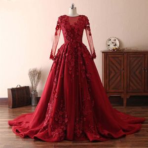 Fantastiska röda 3d blommiga blommor lång prom klänningar illusion långärmad kväll fest klänningar ruched tulle applique formell klänning