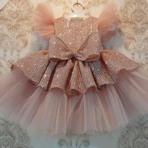 Fashion-Girl's Dresses Sequin Cake Double Baby Girl Dress 1 سنة عيد ميلاد مولود حفلة الزفاف الكرة ثوب الملابس