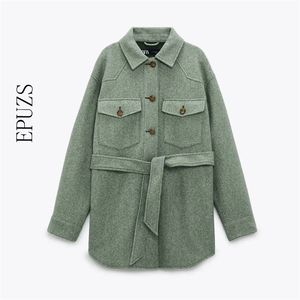 Za Women winter jacket With Belt Loose Woolen Jacket Vintage Long Sleeve coat female green thick Overcoat 220105