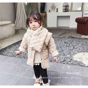 Girls Winter fashion polar fleece thicken single-breasted long coats with neckerchief kids warm long jackets outwear clothing LJ200828