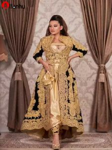 NEW! 2022 Gothic Traditional Kosovo Albanian Caftan Black Evening Dresses Long Sleeves Gold Applique Plus Size Prom Dress For Arabic Women Vestido De Novia