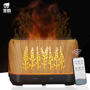 YAJIAO Timeable Air Humidifier Flame Wood Grain Aroma Essential Oil Diffuser With Remote Control USB Soft Light Humidifier 220210