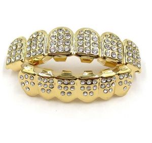 Griglie d'oro Hip Hop Gold Iced Out Cz Diamonds Denti Top Argento Gioielli Hiphop Denti d'oro Grillz Strass TopBottom Griglie Set Shiny Iklm