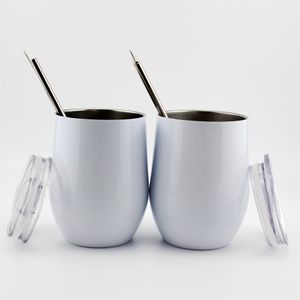 Sublimazione DIY White 12oz Tazza da caffè senza stelo Bicchieri da vino sottovuoto in acciaio inossidabile Portauova a doppia parete con coperchio e cannucce WWQ