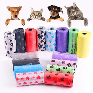 Borsa degradabile per cacca di cane per cuccioli Attrezzi da esterno Toilette Pet Cat Sacco per immondizia Cani Spazzatura Lettiera Pulizia Sacchetti di merda 15 pezzi / rotolo Colore casuale