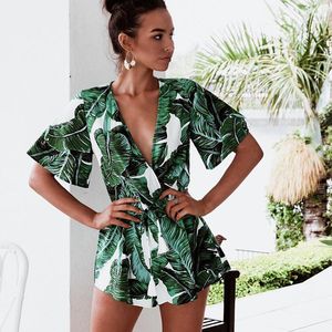 Verde Floral Cópia Curta Jumpsuit Mulheres Mulheres Verão Beach Boho Playsuit V Neck Manga Curta Sexy Casual Feminino Macacões T200704