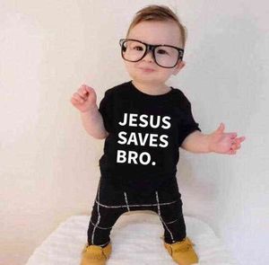 Jesus sparar Bro Baby Toddler Kids T-shirt Brev Skriv ut Tee Unisex Boys Girls Roliga religösa barn Sommarspelskjorta Outfits G1224