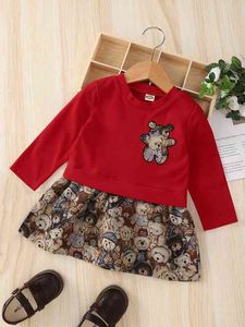 Baby Bear Embroidery Ruffle Hem Sweatshirt Dress SHE