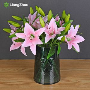 6Pcs Artificial Flowers Lily Latex High Quality Lilies Beauty Forever Wedding Flowers Flores Artificiales Para Decoracion Hogar 201222