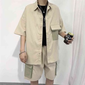 Jogo dos homens camisa de roupa shorts terno patchwork bolso estilo coreano verão oversize casual algodão curto joelho calças moda g1222