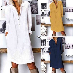 Oversize Cotton Linen Women's White Dress Long Sleeve Pocket Dresses Female Spring Fashion Pregnant Loose Casual Clothes Ladies Y220214