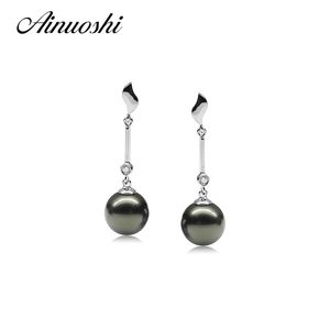 AINUOSHI 925 Sterling Silver Leaves Shaped Pearl Earring 9.5-10mm Natural Tahitian Black Pearls Round Pearl Drop Earring Jewelry Y200107
