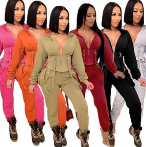 Kvinnors Tracksuits Två Piece Outfits Kvinnor Sweatsit Hoodie Zip Lace Up Crop Top Sweatpants Joggers Tracksuit Matching Set Wholesale Drop1