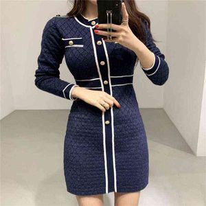 Runway Autumn Spring Small Fragrance Knitting Dress Women Hit Color Single-Breasted O-Neck Long Sleeve Sweater Dress Vestidos Y220214