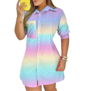 Casual Dresses Women Fashion Color Block Lady Short Sleeve Blouse Turn Down Collar Pocket Button Design Shirt Dress