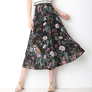 Kvinnor tryckt kjol elegant och lätt chiffong halva kjol damens sido midjeband design bredben byxor blomma med fågeltryck sju-punkts pantskirt