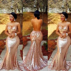 2022 Glitter Spaghetti Rose Gold Mermaid Prom Dresses Bow Back Sexy Open Backless Sequins Evening Gowns Stylish Plus Size Formal Party Dress