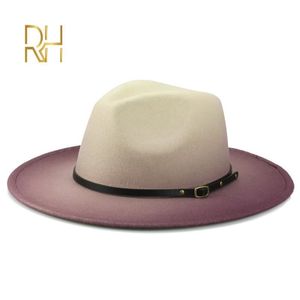 Women Men Woolen Vintage Trilby Felt Fedora Hat With Wide Brim Gentleman Elegant Gradient Color For Lady Winter Autumn Jazz Caps Y200730