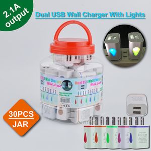 dual usb wall charger with LED lights drop shape 2.1A 2usb charge mobile phone electronic device in plastic jar multi colors