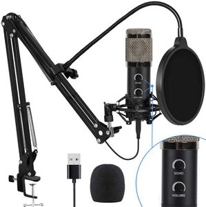 [2021 Модернизированный] USB Condenser Microphone для компьютера, караоке на ПК, Plug Play, с регулируемой металлической рукой подставкой, идеально подходит для подарка, серебро