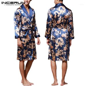 INCERUN Fashion Satin Silk Pajamas Mens Robe Long Sleeves Bathrobe Lucky Chinese Dragon Print Gown Bathrobe Sleepwear Lounge11