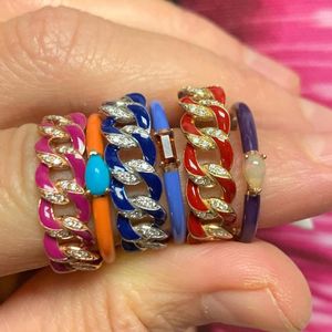 Gold Color Fashion 2021 Women Finger Jewelry Micro Pave White CZ Pink Blue White Enamel Cuban Link Chain Band Ring