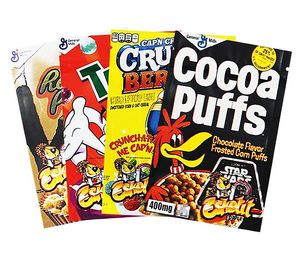 cereal edibles package 3.5g 7g 28g 1 pound gummy mylar bag crunch berries trix reese cocoa puffs zipper resealable custom print china factory supplier