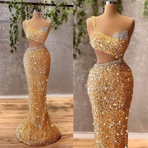 Elegante amarelo vestidos de baile um ombro espaguete cintas vestido de noite feito sob encomenda feita lantejoulas beading comprimento de chão varrer trem vestido de festa de celebridade