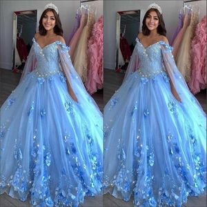 2021 Sky Blue Tulle Quinceanera Dresses With Handmade Flowers Off The Shoulder Long Juliet Sleeves Beaded Lace Applique Sweet 16 Party Gowns 403 403