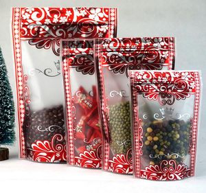 15x22cm, 100pcs/lot Self-Standing Matte Transparent Zip Bag Red Flower Printing, Dried Apple Package Doypack, Green Tea Storage