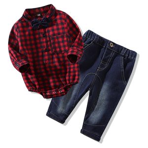 Neonati vestiti nuovi pagliaccetti scozzesi rossi camicie + jeans neonati vestiti bebes set di abbigliamento LJ201023