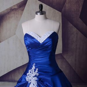 반짝이는 실제 이미지 새로운 흰색과 로얄 블루 라인 웨딩 드레스 2019 레이스 태 피터 아플리케 신부 가운 구슬 맞춤형 크리스탈 F276Q