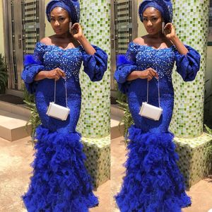 Royal Blue Mermaid Evening Dresses Off Shoulder Lace Appliqued Custom Made Prom Dress Pearls Beaded Floor Length Arabic Formal Party Gowns