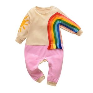 Höst Baby Rompers Boy Girl Långärmad Rainbow Stripe Print Patchwork Design Kids Casual Jumpsuit 0-18m 201027