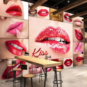 Custom väggmålning tapet 3d röda läppar kreativ affisch foto väggmålning ktv bar makeup butik bakgrund dekor papel de parede