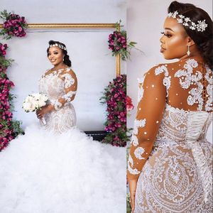 2021 New Luxury Sexy Aso Ebi Mermaid Wedding Dresses Illusion Neck Lace Appliques Crystal Beads Tulle Ruffles Tired Formal Bridal Gowns