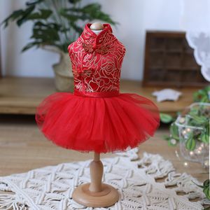 Wholesale red poodles resale online - Handmade Dog Apparel Clothes Dress Red Cheongsam Slim Fit Style Chinese Gown Tulle Skirt Cat Pet Outfit Poodle Yorkie
