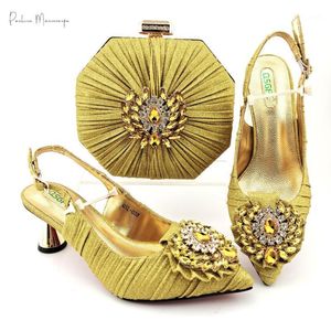 Dress Shoes Fashion Italian Design Est Elegant Gold Yellow Color Party Wedding Ladies And Bag Set Decorated With Colorful Crystal