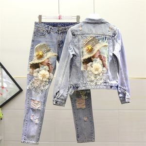 European Style Denim Jacket Women Fashion Heavy Embroidery Beaded Sequined Embroidered Flower Washing Water Jeans Coat 201112