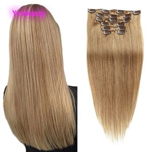 Indian Remy 14-24Inch Clip in Hair 1# 2# 4# 8# 10# Färg Raka klipp på hårstrån Förlängningar 100% jungfruligt människohår