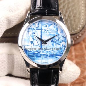 FL Rare Handcrafts Calatrava "Fishing on the Targas River" Enamel Cal.240 Automatic Mens Watch 5089G-062 Leather Strap Gents Watches