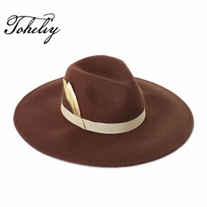 Autumn Winter New Hats For Women Soft Wide Brim Wool Felt Bowler Fedora Hat Floppy Cloche Women's Feather decoration hat Y200110