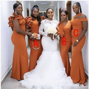 Dark Orange Bridesmaid Dresses Mermaid African Ruffles Straps Custom Made Plus Size Chiffon Floor Length Maid Of Honor Gown 403