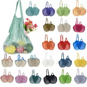 Mesh Bags Washable Reusable Cotton Grocery Net String Shopping Bag Eco Market Tote for Fruit Vegetable Portable short and long handles Organizer C628g02